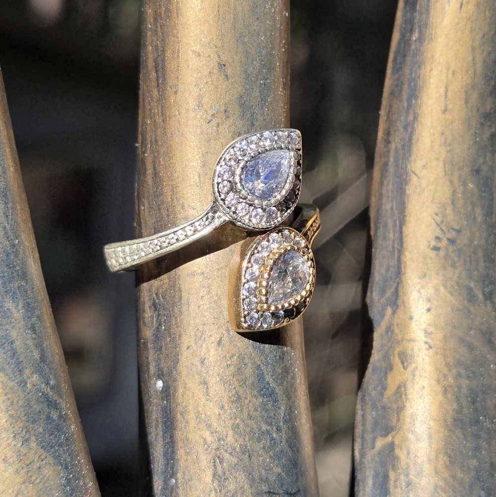 Lightening quartz & topaz dual teardrop Sterling Bronze&Gold ringSz8 Adjustable - Picture 6 of 11